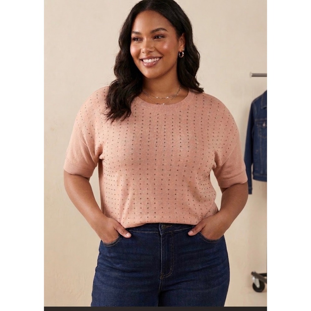 Antthony Original Pink Rhinestone Studded Knit Top 2X Short Sleeve Oversized